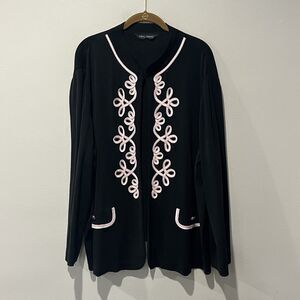 Ming Wang Cardigan Women's XL Black Knit Pink Appliqué Sweater Jacket Eclectic